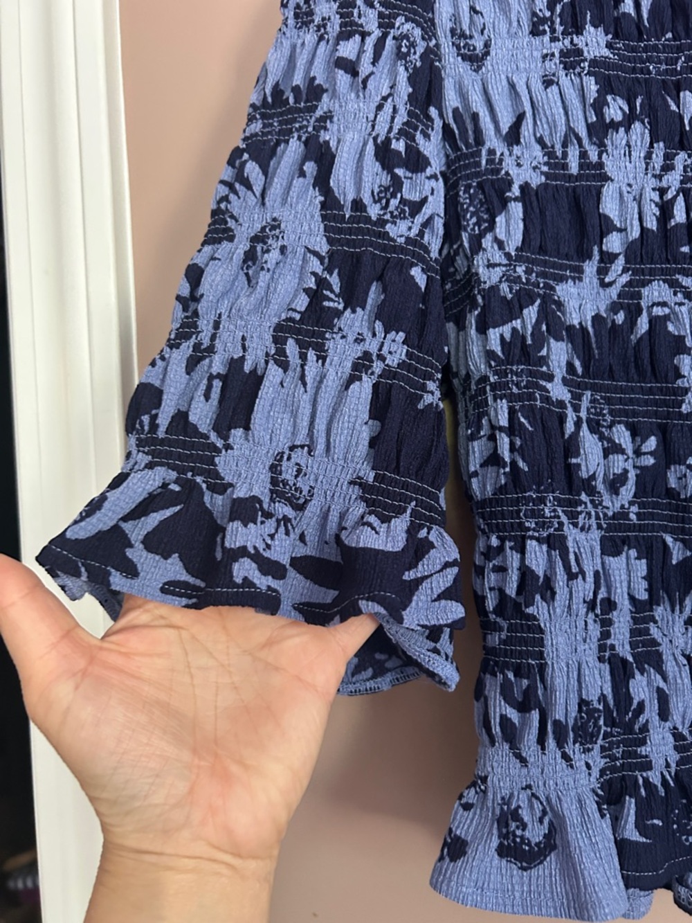 Anthropologie Maeve Smocked Ruffle Button-Front Top Blue Abstract Print  Size M - Picture 9 of 14